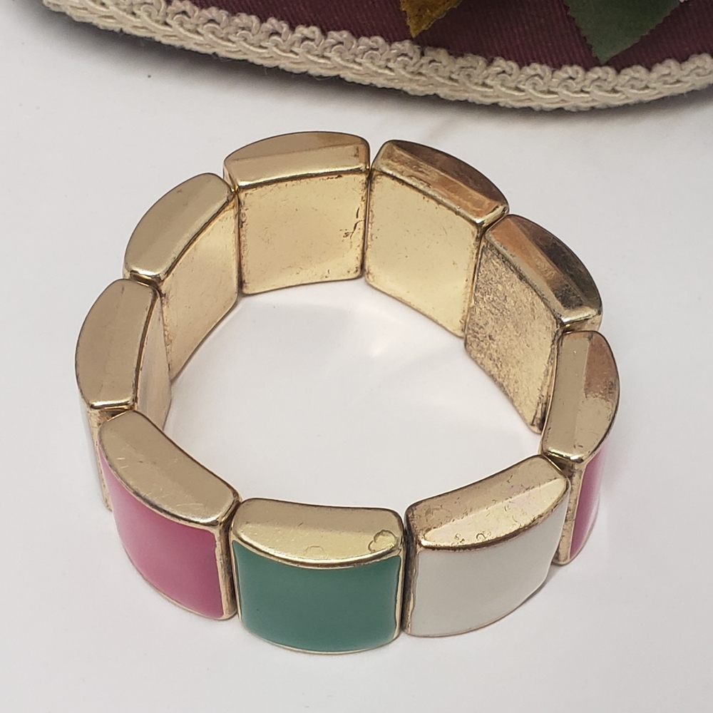 Pink Green & White Retro Stretch Bracelet Gold Tone Statement Bracelet - Picture 2 of 4